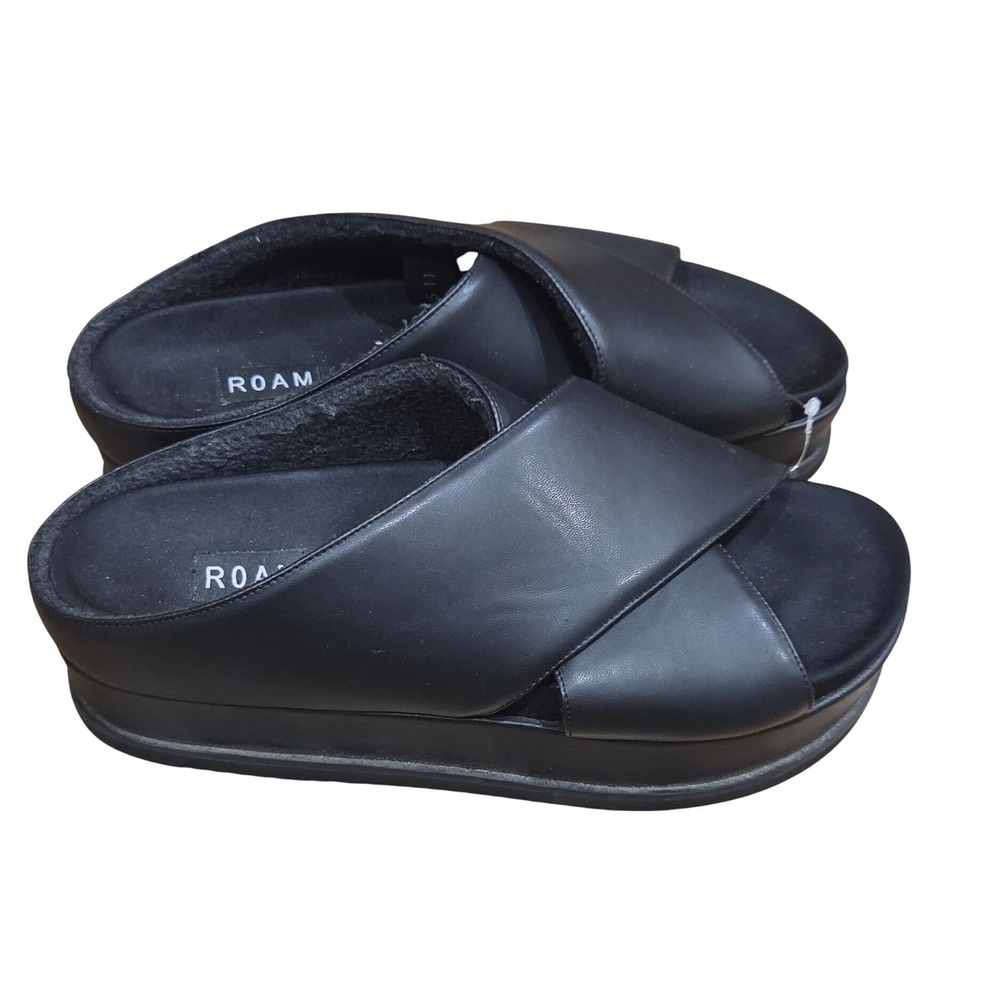 Roam Cross Stack Slides Black Vegan Leather Platform Lagenlook Euro Luxury 11